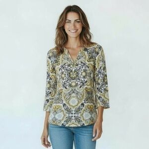 4/$40 Charter Club Mosaic‎ Print Key Hole Yellow Black and White Blouse